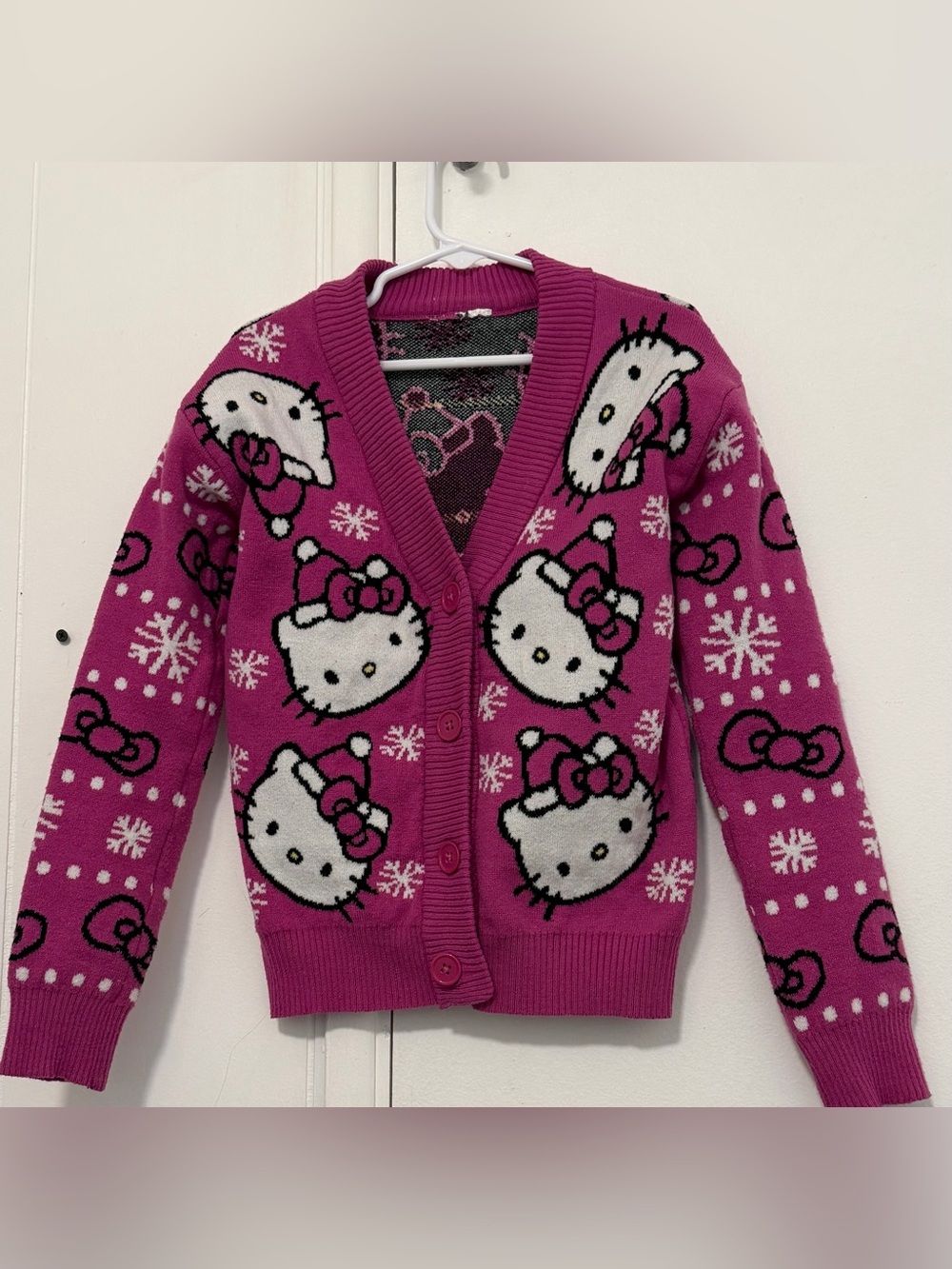 Hello Kitty Fuchsia Knit Cardigan with Snowflake Motif